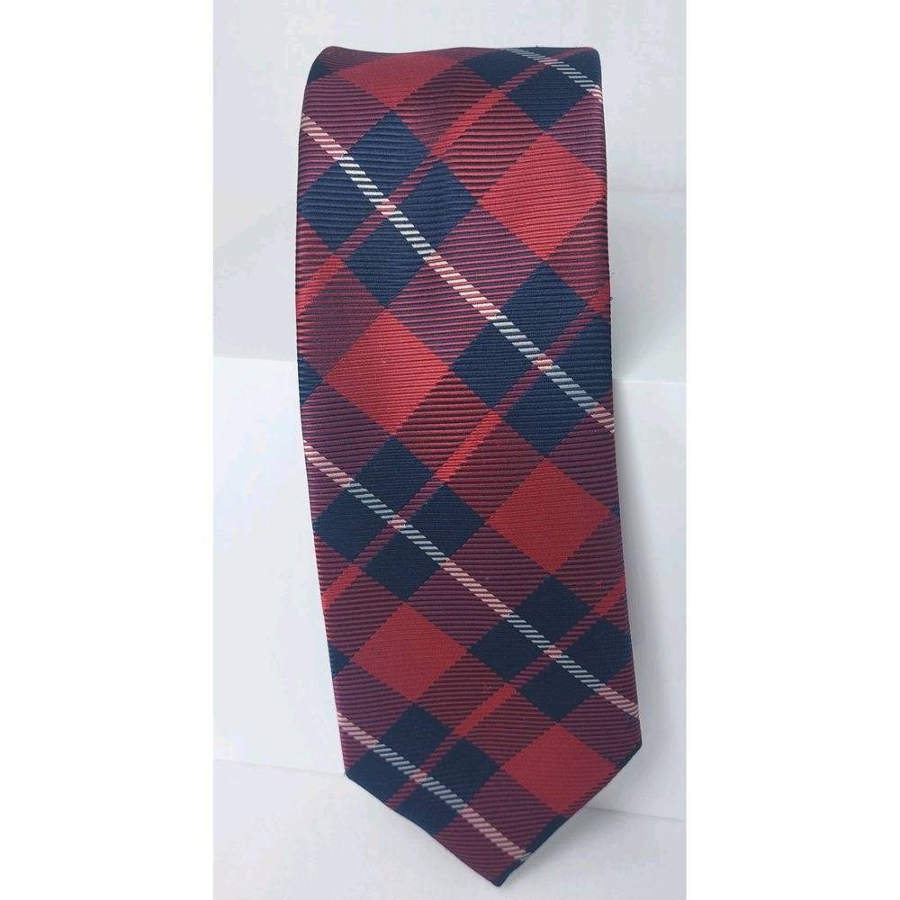 IZOD MENS TIE NAVY BLUE RED REPP PLAID NECKTIE 3.25"‎ x 58"